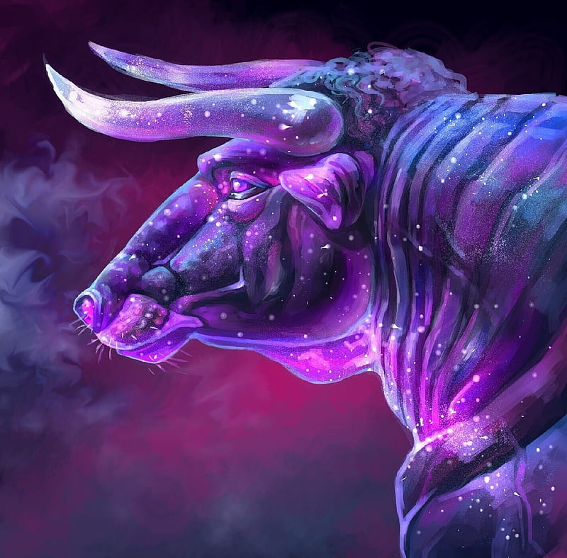 2021 ~ Year of the Metal Ox, blue, marina dolgova, horns, cow, chinese zodiac, luminos, ox, metal, fantasy, purple, pink, bull, HD wallpaper