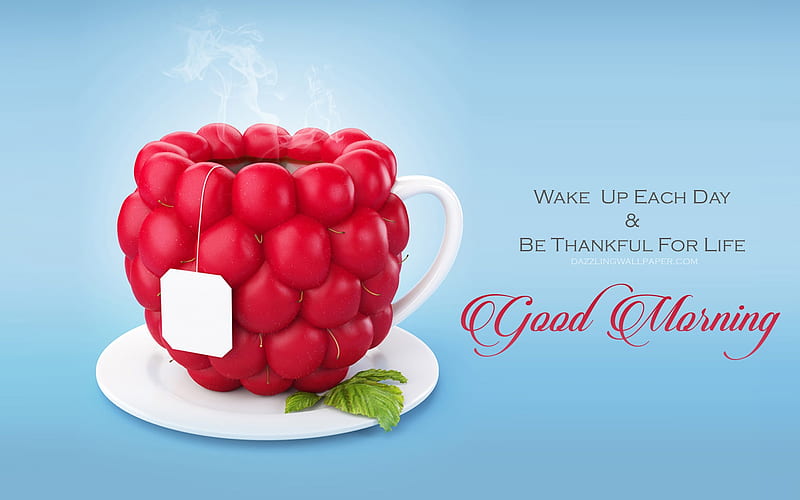 Good Morning!, red, creative, tea, card, fantasy, cup, raspberry, morning, white, blue, HD wallpaper