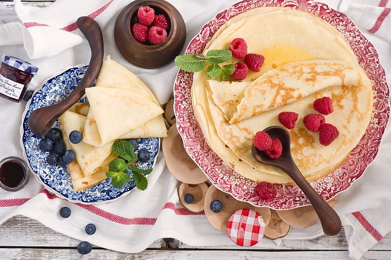 ~ pancakes ~, delicious, food, fruits, breakfast, sweet, fruit, blueberry, raspberry, pancake, HD wallpaper