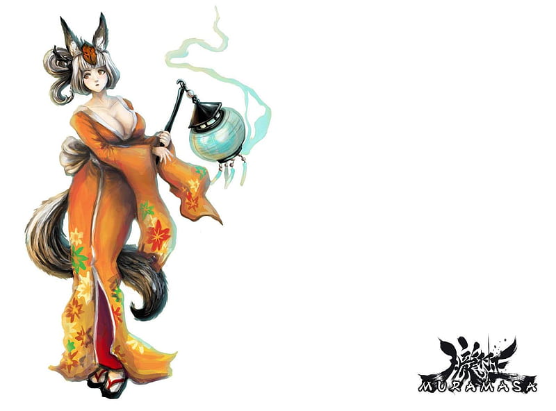 Kongiku, oboro muramasa, games, female, lantern, tail, white hair, video games, fox girl, yellow eyes, kimono, white background, anime, lone, solo, anime girl, HD wallpaper