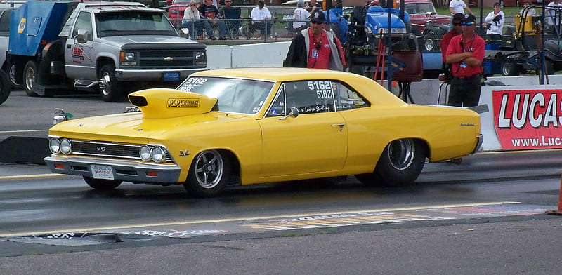 1966 Chevelle drag car, race, chevelle, chevy, yellow, classic, HD wallpaper