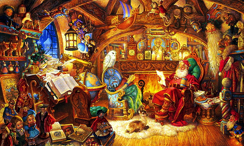 Santa's Home at the North Pole, christmas, painting, toys, artwork, xmas, workshop, deer, HD wallpaper