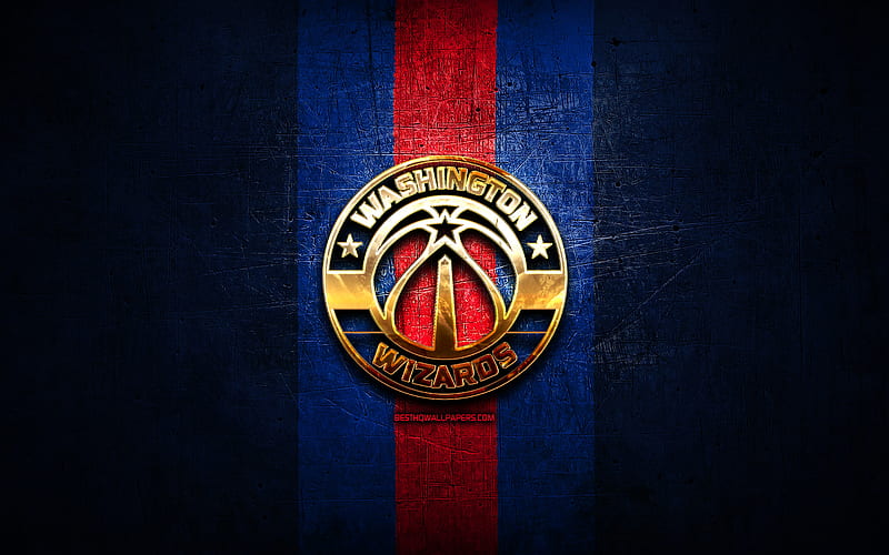 Washington Wizards, golden logo, NBA, blue metal background, american basketball club, Washington Wizards logo, basketball, USA, HD wallpaper