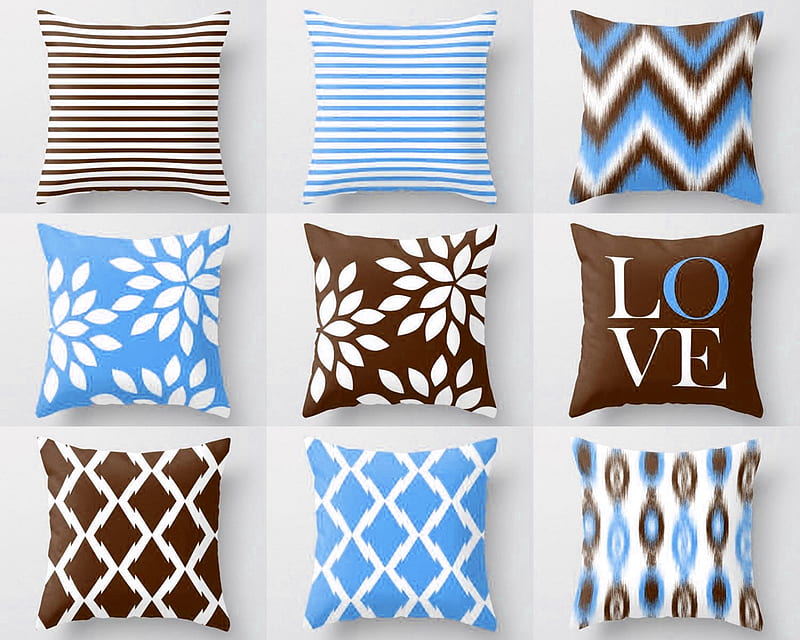 A set of cushions_brown-blue, white, abstract, set, blue, pretty, stripes, coordinated, brown, desenho, floral, graphy, love, HD wallpaper