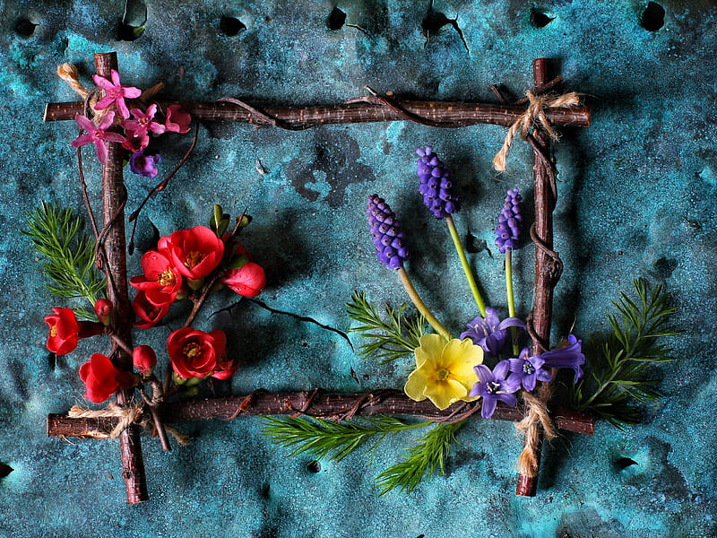 Spring Flowers, still life, twigs, sticks, frame, flowers, Spring, wood, HD wallpaper