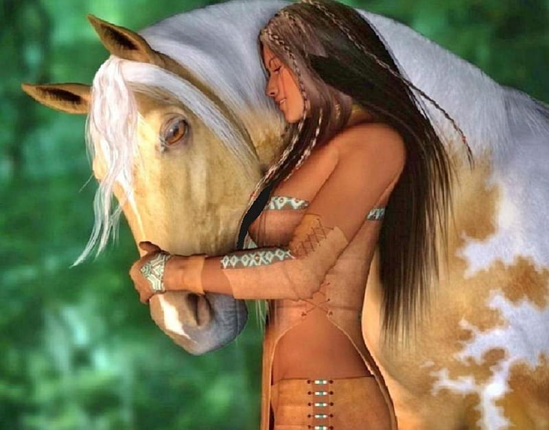 Native Horse Whisperer, brunette, fantasy, indian, beauty, native, horse, long hair, maiden, HD wallpaper