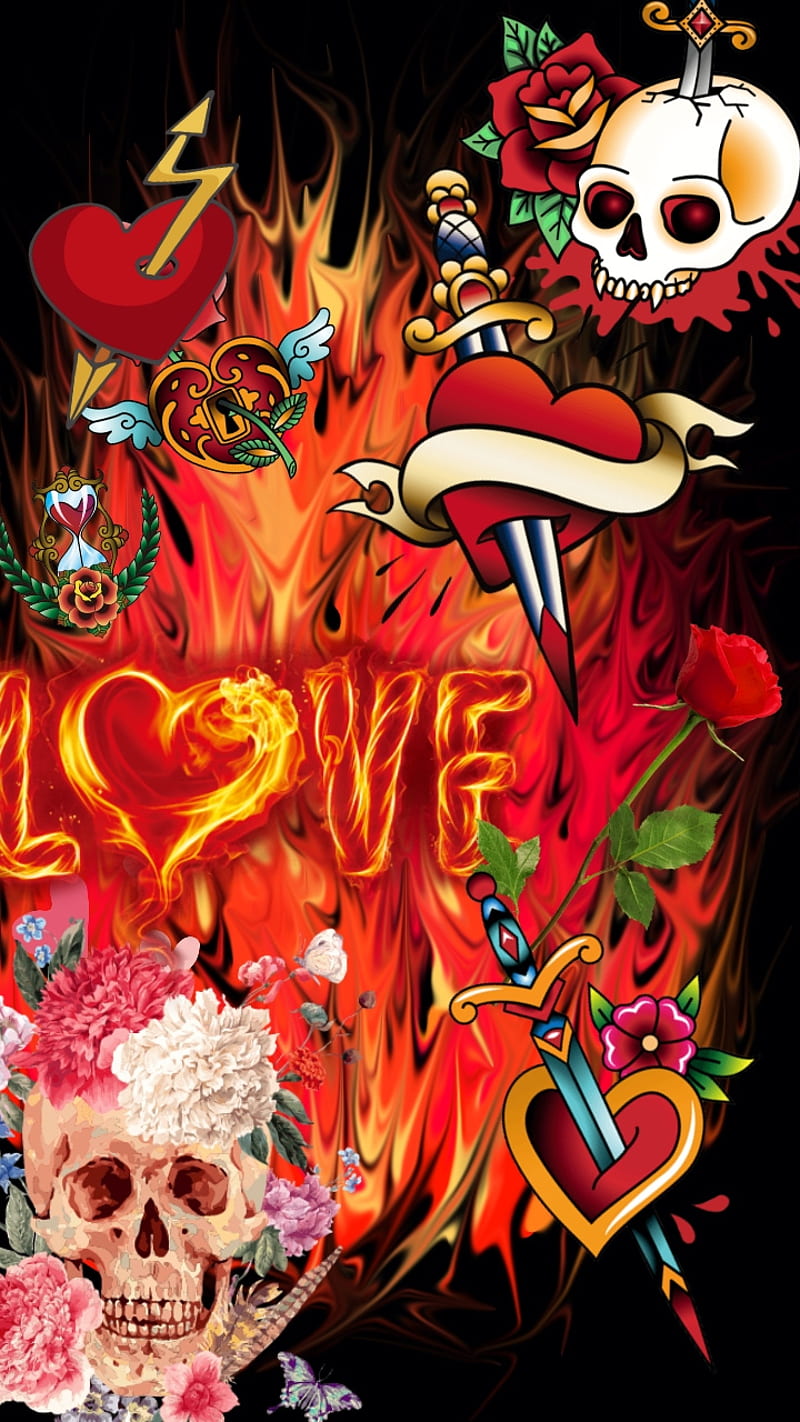 On Fire, heart, love, red, skull, sugar, sword, HD phone wallpaper