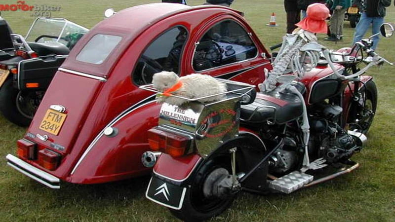 VW Bike & Sidecar, skeleton, vw beetle, volkswagen, motorcycles, sidecars, HD wallpaper