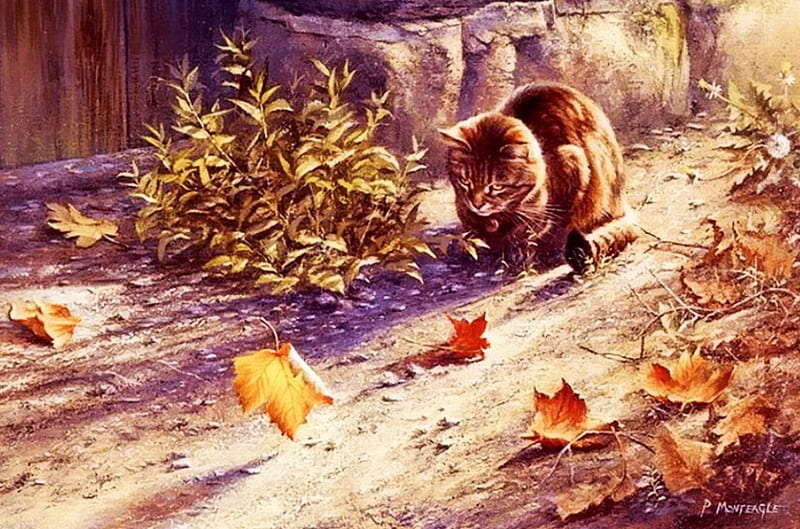 Autumn Leaves, fall, painting, colors, cat, artwork, HD wallpaper | Peakpx