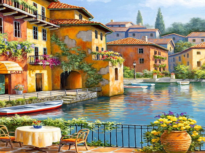 Cafe at the canal-detail, pretty, cafe, shore, canal, bonito, sea, nice, boat, dock, painting, village, flowers, reflection, art, rest, quiet, calmness, lovely, houses, pier, relax, town, lake, water, serenity, restaurant, peaceful, summer, nature, HD wallpaper