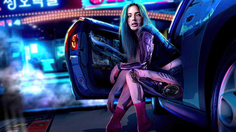 Cyber Girl Coming Out Of Car , cyberpunk, scifi, artist, artwork, digital-art, artstation, HD wallpaper