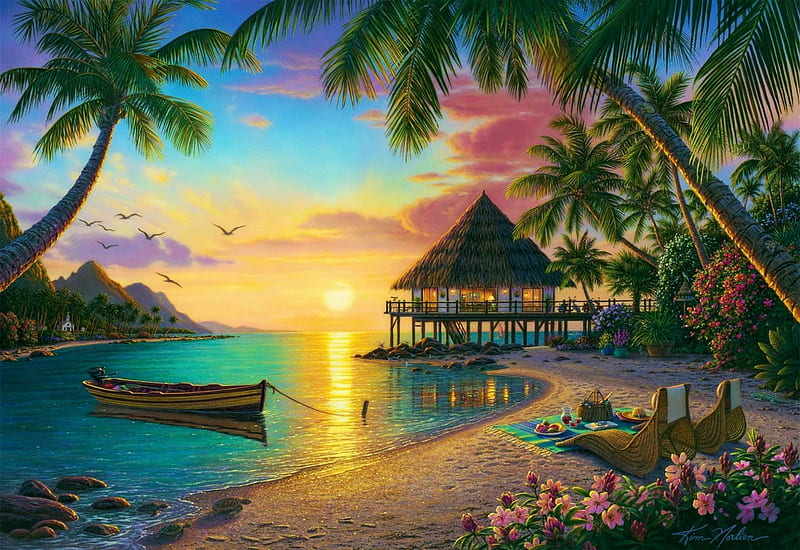 Hidden Paradise, painting, tropical, flowers, beach, sunset, palm trees, boat, cabin, artwork, mountains, HD wallpaper