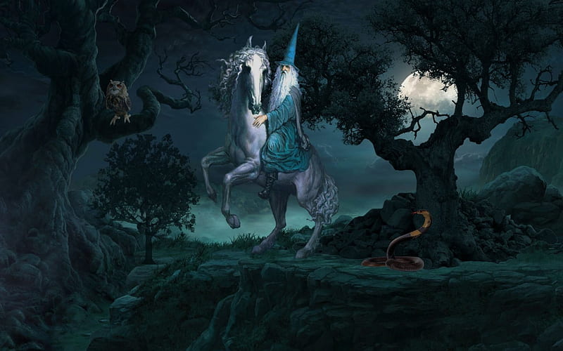 Grand Wizard, Horse, Moon, Wizard, Tree, Snake, Blue, Night, HD wallpaper