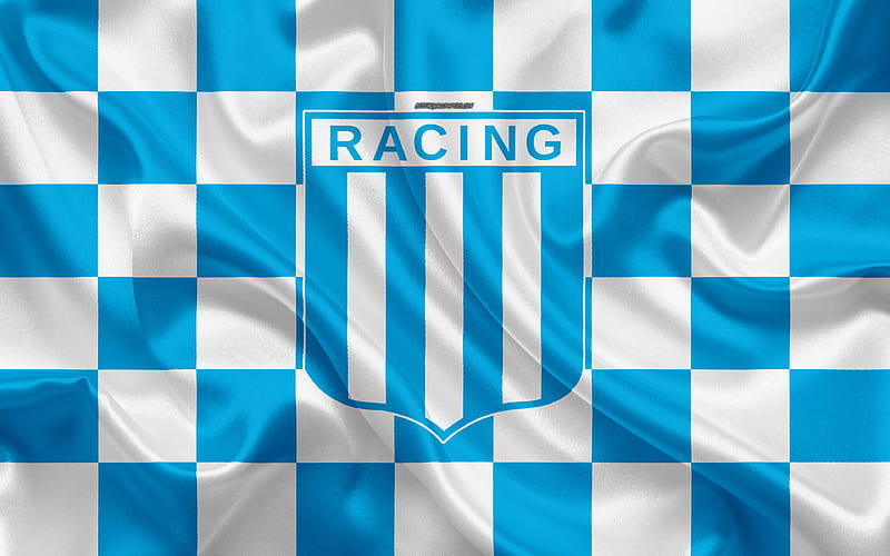 Racing Club logo, creative art, blue white checkered flag, Argentinian football club, Argentine Superleague, Primera Division, emblem, silk texture, Avellaneda, Argentina, football, HD wallpaper