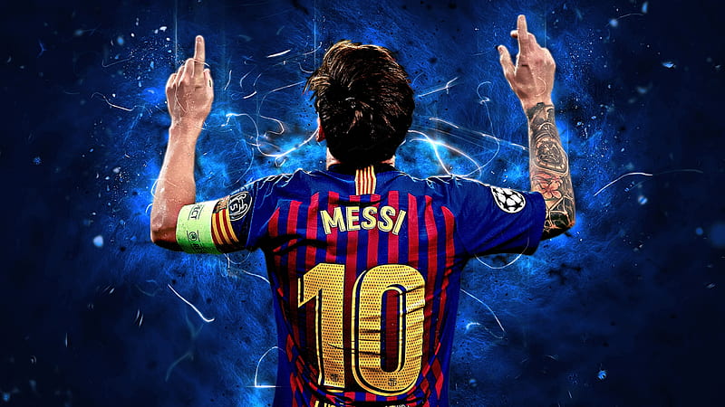 Backside Of Lionel Messi Showing Hands Up Wearing Blue Red Sports ...