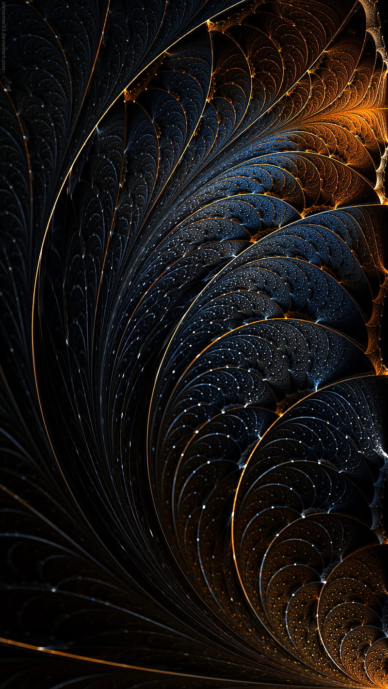 fractal, black, blue, dark, golden, shine, structure, HD phone wallpaper