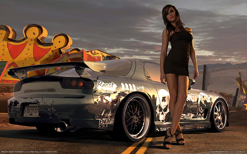 NFS Pro-Street, games, video games, woman, clouds, car, need for speed, hot, rx7, mazda rx7, pro-street, female, legs, need for speed pro-street, nfs, black, sexy, brunette, mazda, cool, girl, HD wallpaper