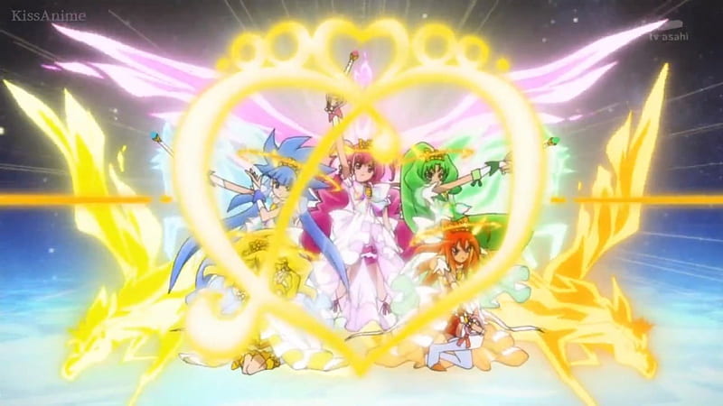 PreCure Princess Form!!, pretty, dress, glow, bonito, magic, wing, sweet, magical girl, nice, pretty cure, group, anime, love, beauty, anime girl, light, team, smile precure, female, lovely, glowing, gown, horse, pegasus, girl, precure, shining, heart, HD wallpaper