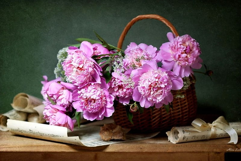 Still Life, basket, flowers, blossoms, petals, pink, artwork, peonies