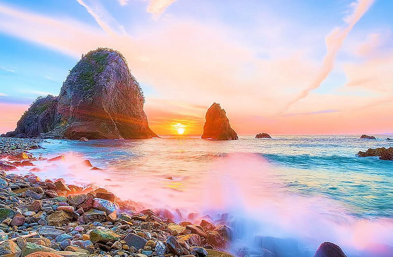 Sunset at Senganmon North Beach, japan, rock island, ocean, bonito, sunset, sky, clouds, seashore, stone beach, HD wallpaper