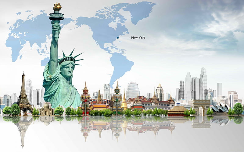 *** NEW YORK ***, statue of liberty, new york, city, sydney opera, eiffel tower, sky, sea, skyscrapers, HD wallpaper