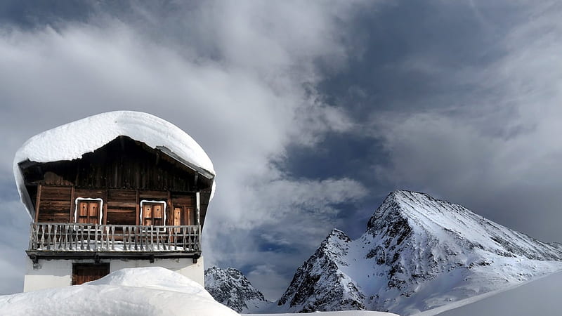 snow covered chalet up high in the mountains, mountain, chalet, clouds, snow, HD wallpaper