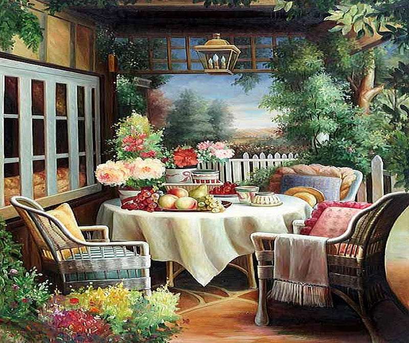 Sunday brunch, fence, house, lantern, fruits, bonito, fruit, chairs, flowers, table, patio, pillow, window, food, throw, tablwcloth, trees, latern, platter, plate, wicker chairs, pillows, HD wallpaper