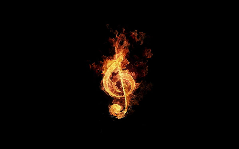 fiery treble clef, minimal, black background, fire, treble clef, creative, HD wallpaper