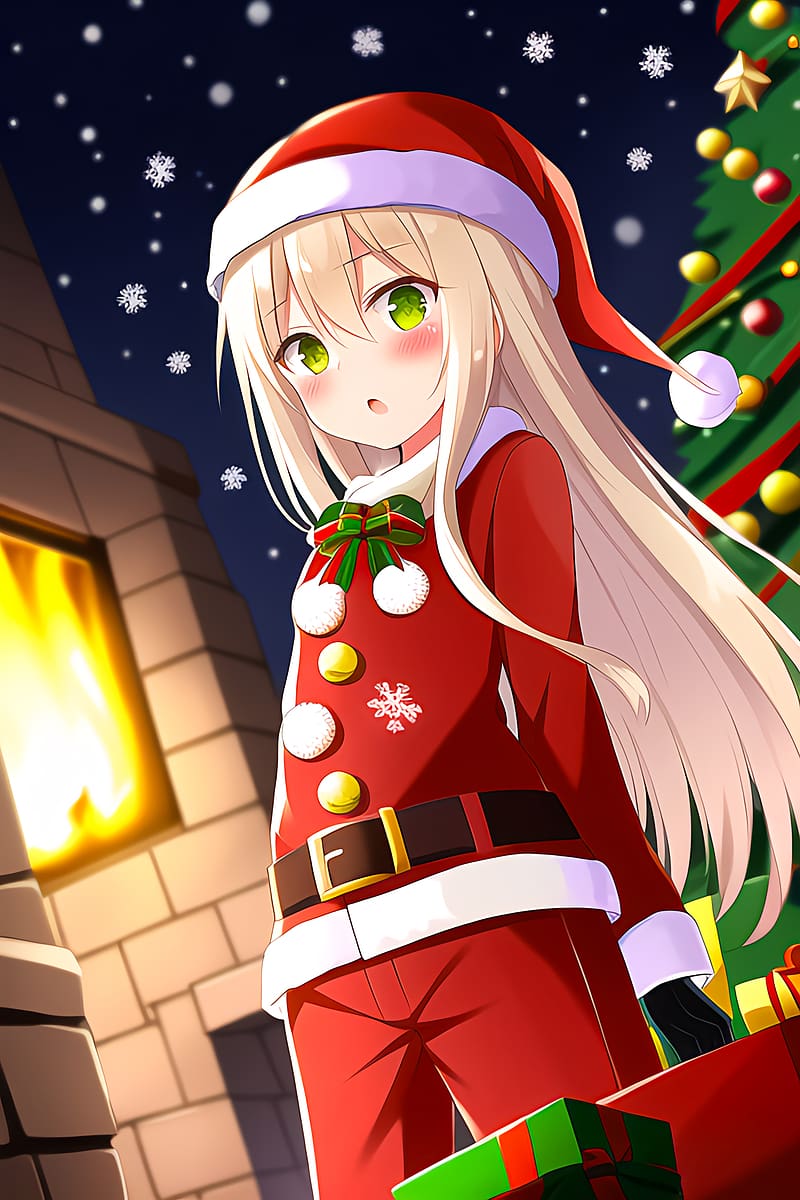 girl, blush, santa claus, hat, anime, new year, christmas, HD phone wallpaper