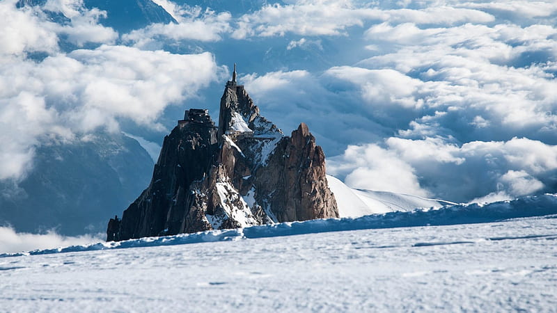 observatory on alp peak, clouds, observaroty, mountains, peak, HD wallpaper