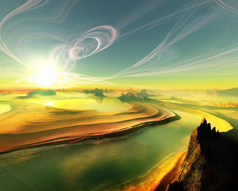Fantasy Landcape, desert, magical, mountain, river, sunrise, HD wallpaper