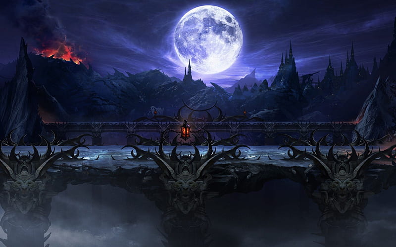 Mortal Kombat, halloween, game, gargui, fantasy, bridge, full moon, dark, castle, blue, night, HD wallpaper
