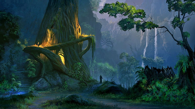 Elder Scrolls, forest, fantasy, video game, waterfall, magic, landscape, HD wallpaper