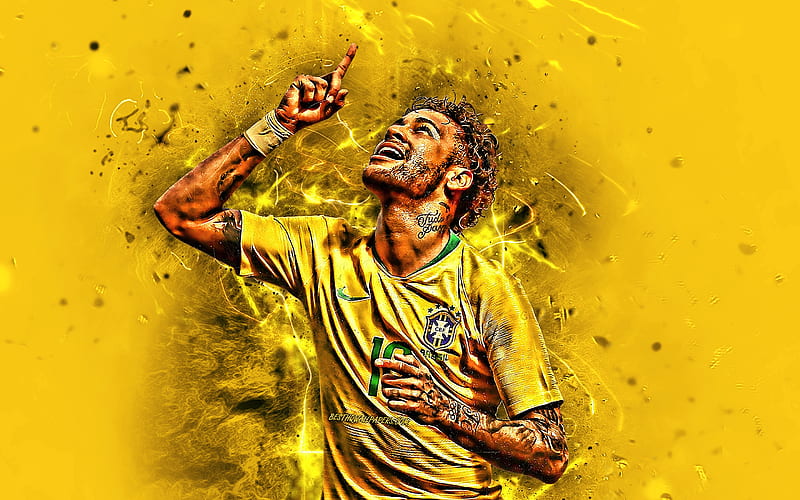 Neymar, yellow background, football stars, Brazil National Team, goal, Neymar JR, soccer, joy, creative, neon lights, Brazilian football team, HD wallpaper