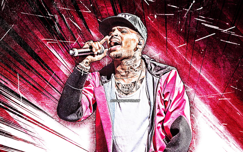 Chris Brown, grunge art, american singer, music stars, creative, Christopher Maurice Brown, purple abstract rays, american celebrity, Chris Brown with microphone, superstars, Chris Brown, HD wallpaper