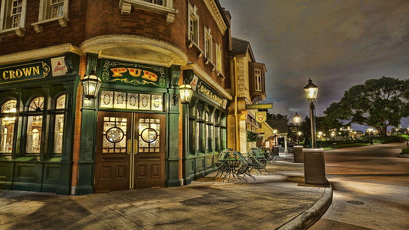 rose & crown pub at closing r, pub, sidewalk, r, street, lights, night, HD wallpaper
