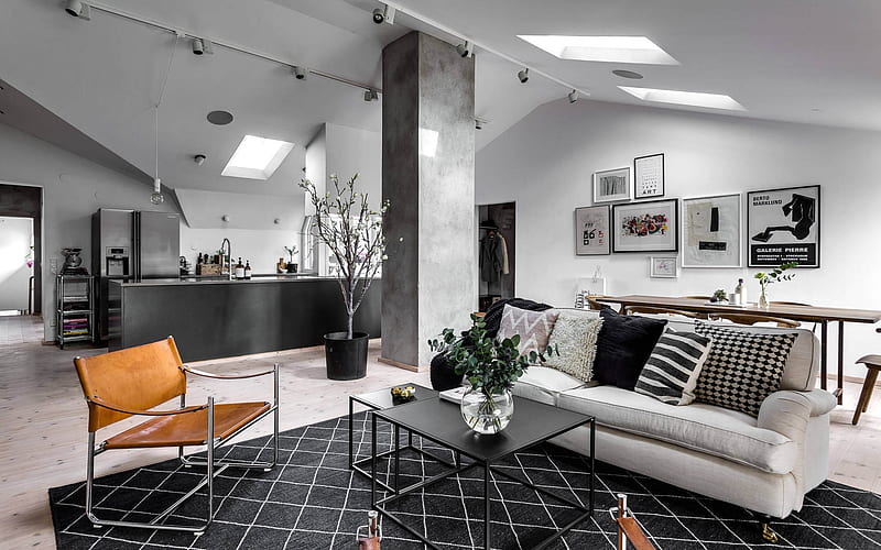 living room, gray modern interior, modern design, kitchen, interior without walls, HD wallpaper