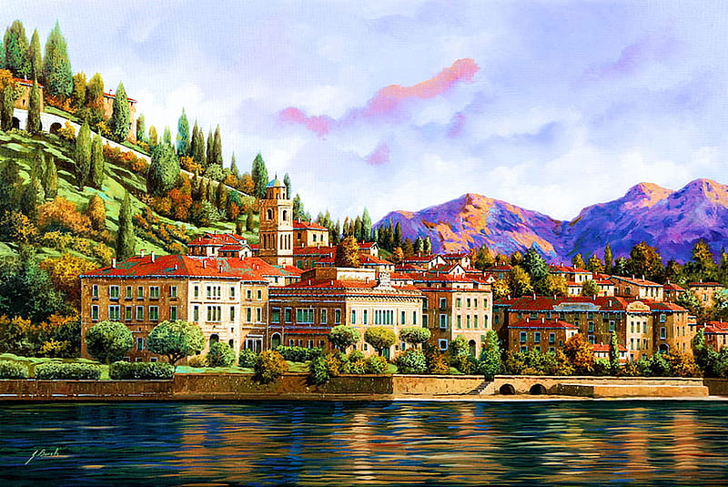 Lakeside of Bellagio, houses, mountains, painting, village, como, sky, lake, artwork, HD wallpaper