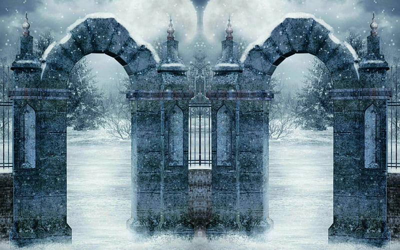 Winter Gateway, gateway, fantasy, backdrop, dark, art, HD wallpaper