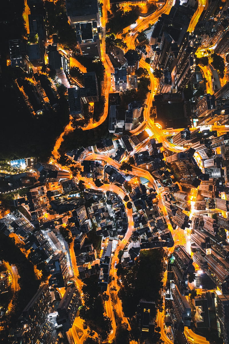 night city, aerial view, lights, road, HD phone wallpaper