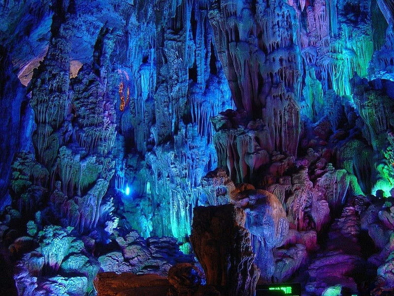 HALLOWEEN HIDEAWAY, rocks, mountains, mysterious, lights, caves, blue, HD wallpaper