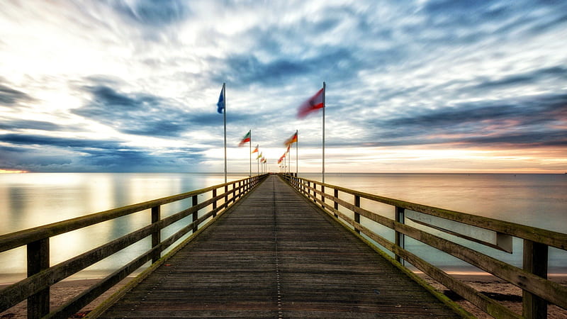 flags flapping on a wonderful sea pier, flags, wind, pier, sunset, clouds, sea, HD wallpaper