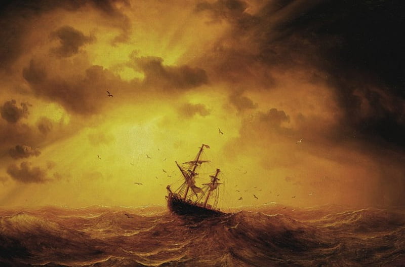 Rough Seas, ses, art, golden, sailboat, sky, rough, HD wallpaper