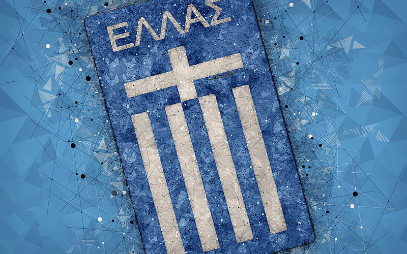 Greece national football team geometric art, logo, blue abstract background, UEFA, emblem, Greece, football, grunge style, creative art, HD wallpaper