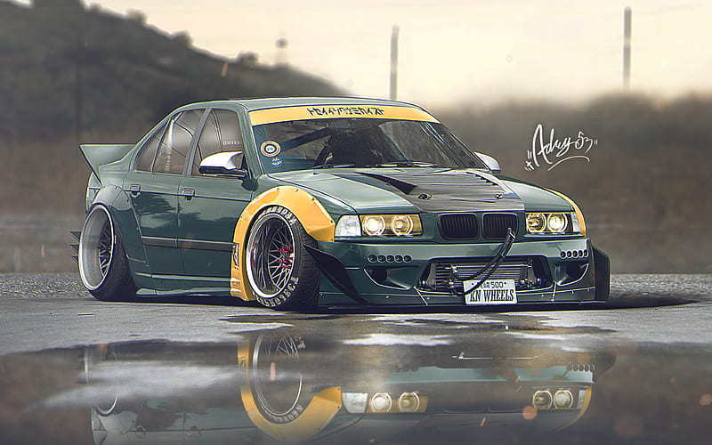 E36, BMW 3-series, artwork, stance, tuning, german cars, green E36, BMW, HD  wallpaper