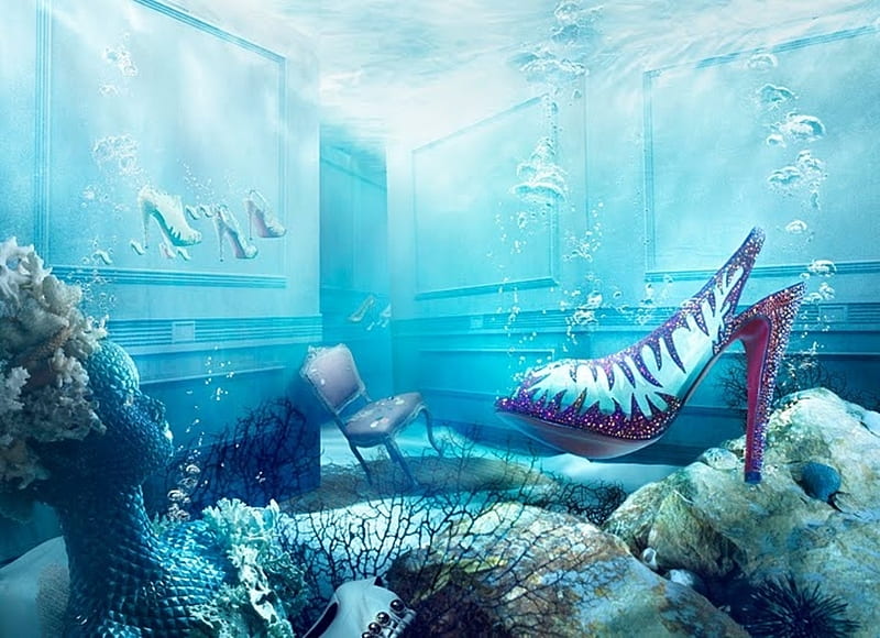 :-), underwater, fish, louboutin, creative, sea, fantasy, vara, ariel, khuong nguyen, summer, shoes, blue, HD wallpaper