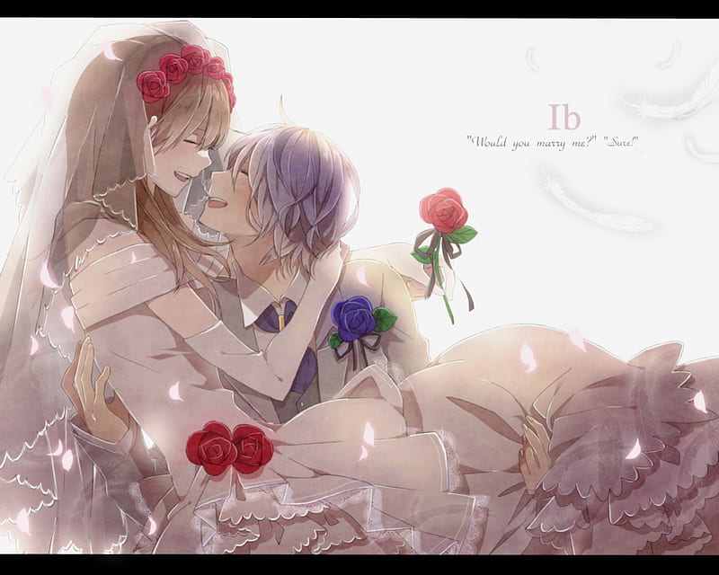 ''Would you marry me!'' ''Sure'', dress, husband, bride, red rosses, lights, groom, anime, long hair, female, male, blue roses, wedding dress, brown hair, purple hair, wife, wedding, happy, short hair, cute, boy, girl, blossoms, HD wallpaper
