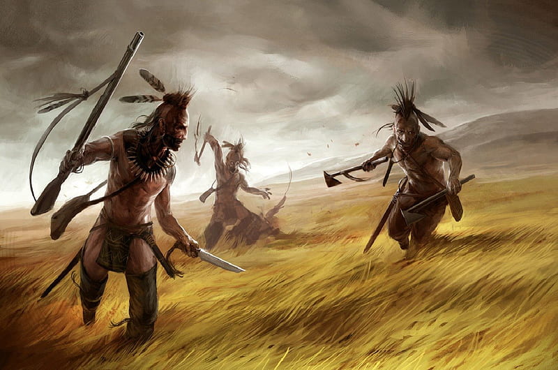 War Party, Native Americans, high grass, tomahawks, gun, HD wallpaper