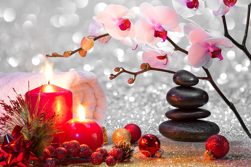 Christmas spa, christmas, decoration, bonito, candles, winter, orchids, stones, balls, spa, flowers, arrangement, HD wallpaper