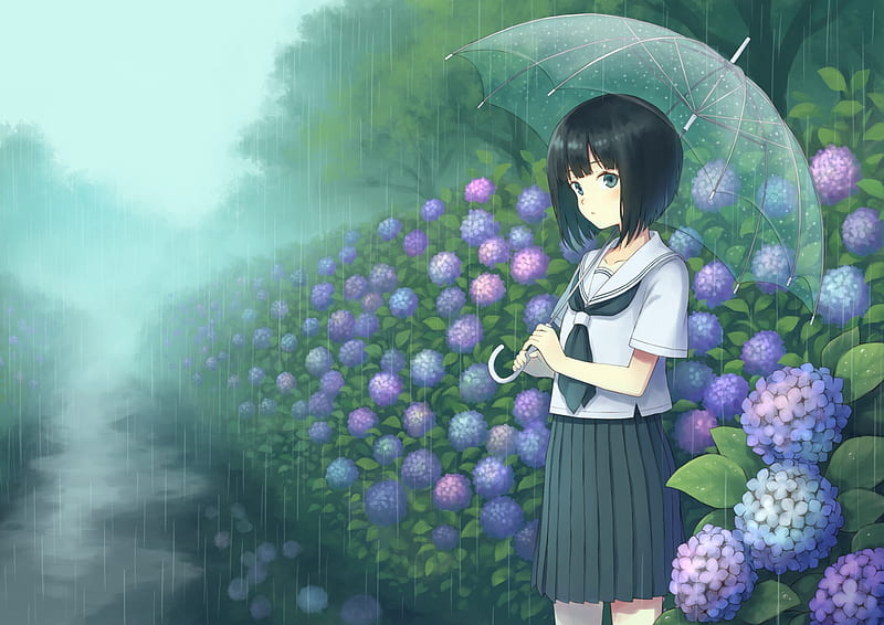 raining, flowers, anime school girl, transparent umbrella, path, Anime, HD wallpaper